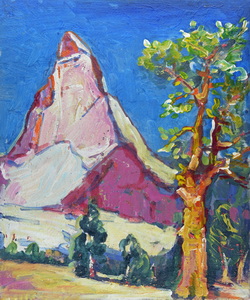 Werkverzeichnis Nr. 232, um 1965, Matterhorn mit Baum, Öl auf Hartfaser, 67,4 x 56,5 cm